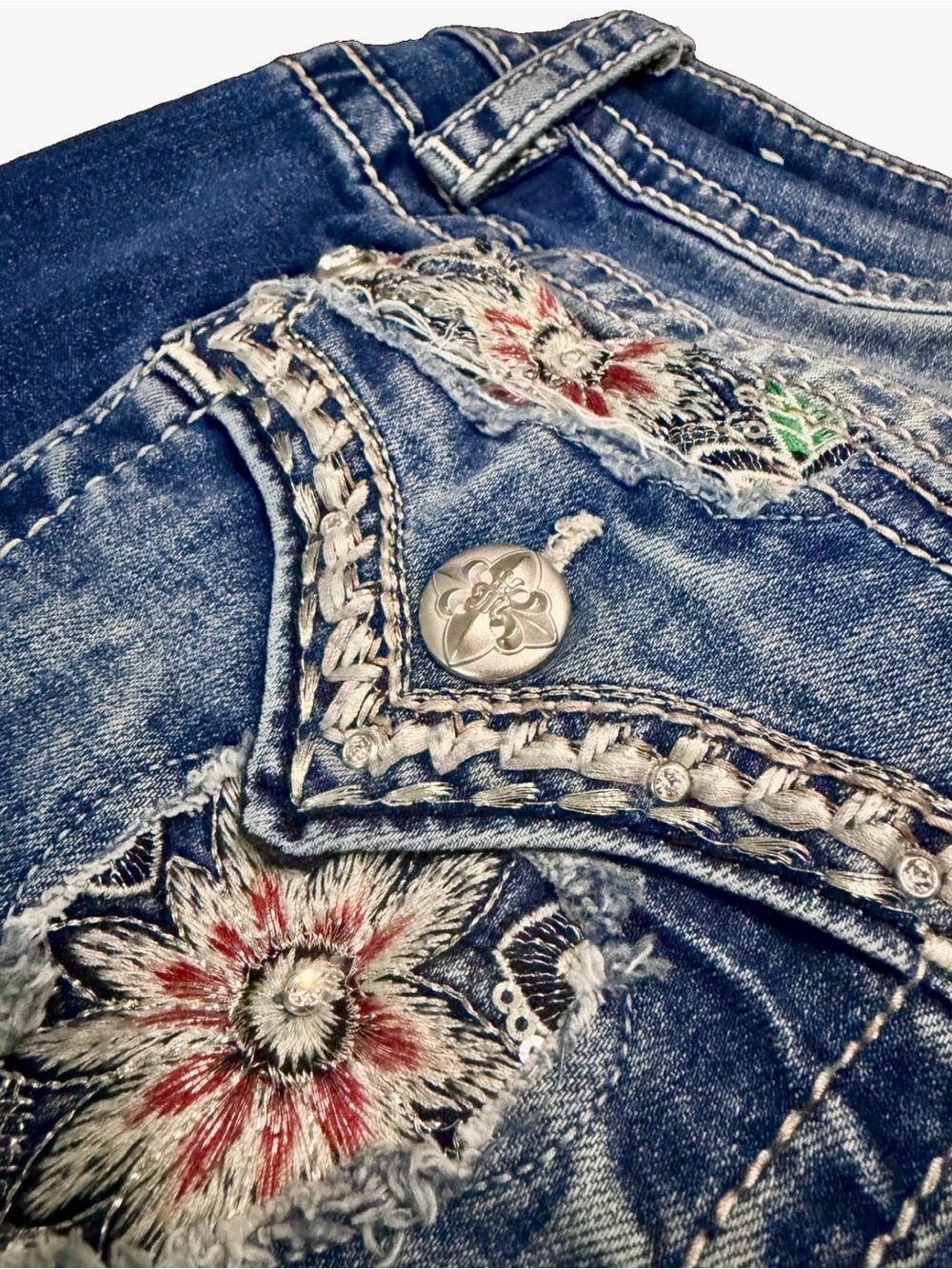 Miss Me Jeans Size 31 Straight Y2k Embroidered Floral Patchwork Sequins Blue